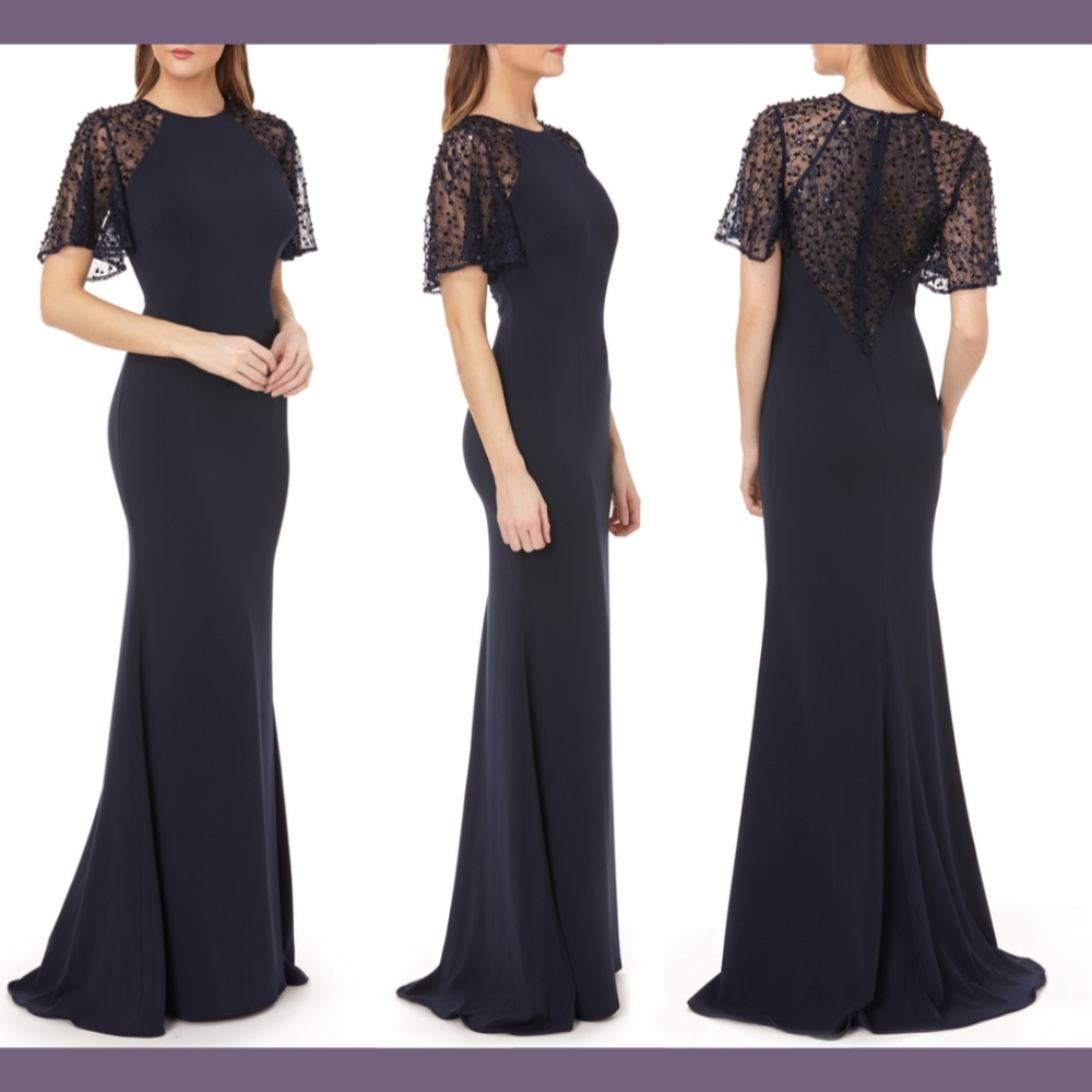 NWT $428 Carmen Marc Valvo Infusion Sequin Lace Sleeve Crepe Gown‎ [SZ 8 ]